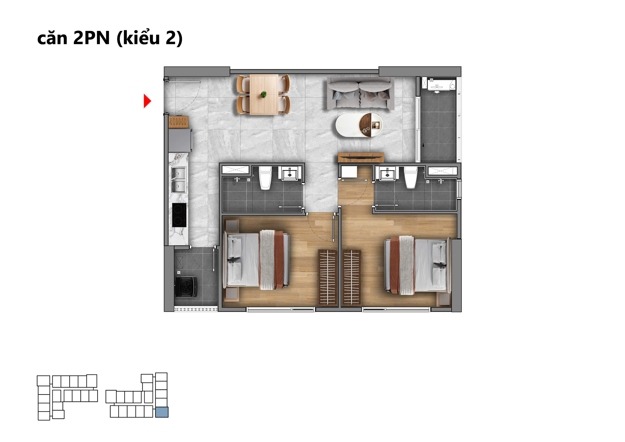 Mặt bằng biến thể căn hộ 2 phòng ngủ kiểu 2 tại Fenica, hai phòng ngủ đối xứng qua khu vệ sinh trung tâm