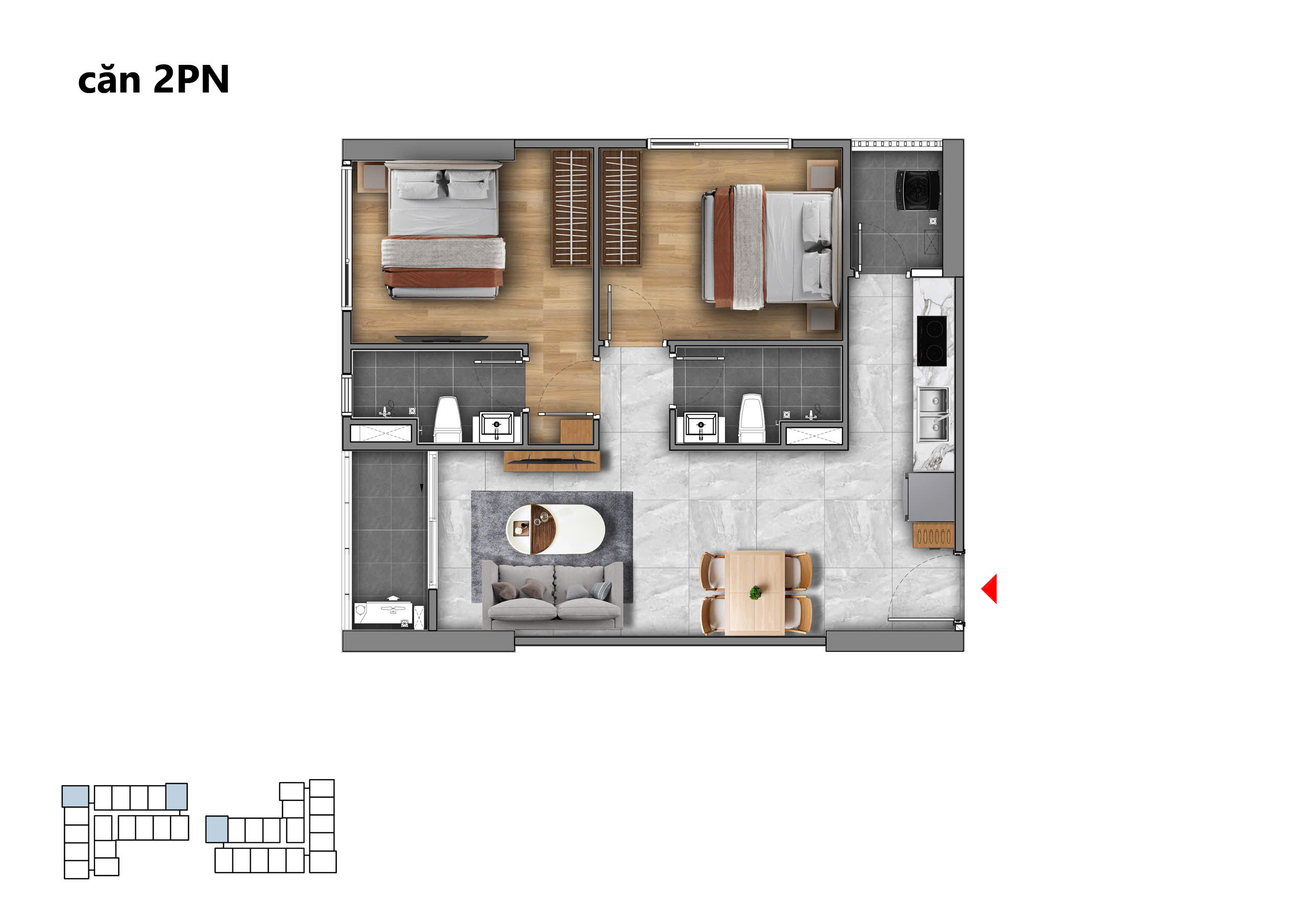 Mặt bằng chi tiết căn hộ 2 phòng ngủ Fenica với 2 phòng ngủ, 2 phòng vệ sinh, bếp và phòng khách liền kề ban công