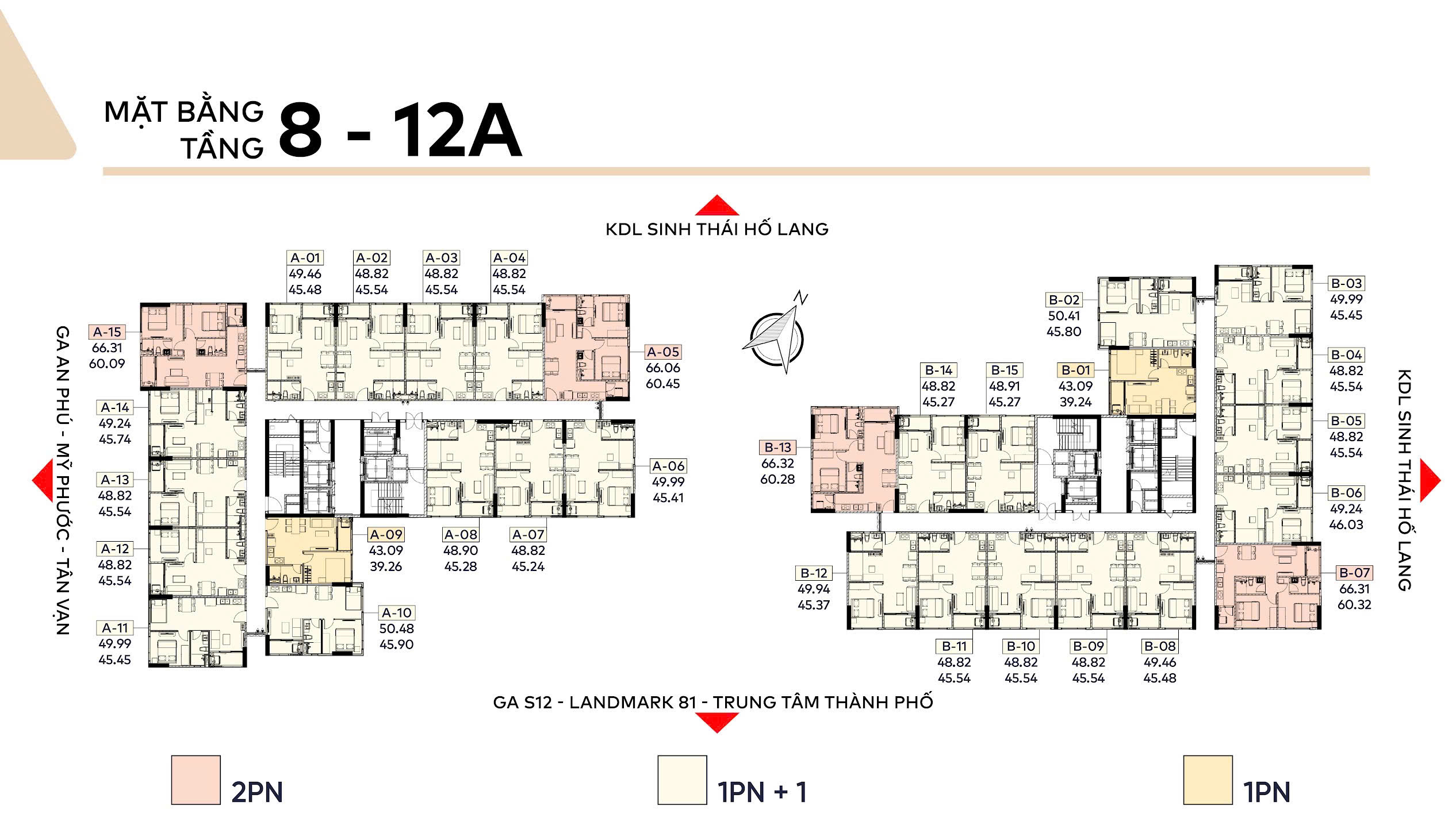 Mặt bằng tầng 8 đến tầng 12A dự án Fenica, thể hiện vị trí căn hộ Block A và Block B
